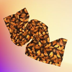 Fall leaves semi-sheer polyester satin striped black and orange long scarf EUC